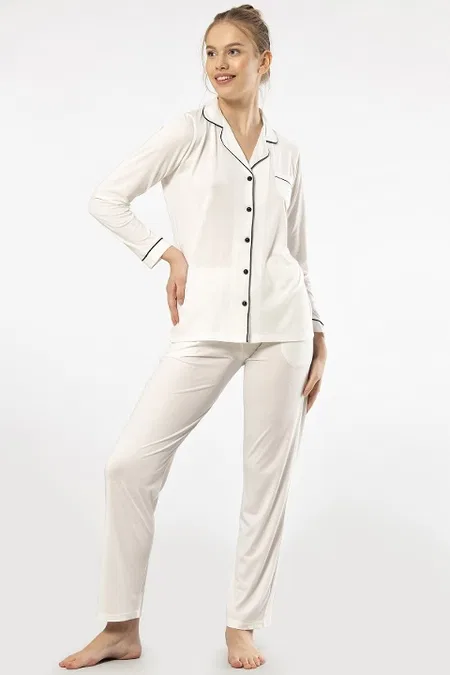 Gömlek Yaka Uzun Kollu Kadın Pijama Takım Viskon Polyester Türen 3365 - Ekru