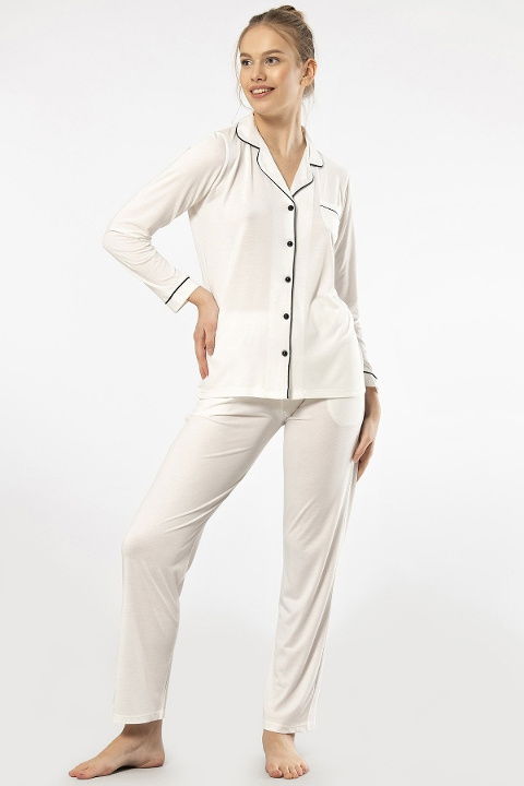 Gömlek Yaka Uzun Kollu Kadın Pijama Takım Viskon Polyester Türen 3365 - 2