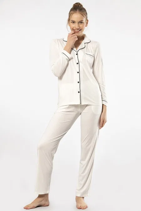 Gömlek Yaka Uzun Kollu Kadın Pijama Takım Viskon Polyester Türen 3365 - Ekru