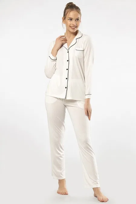 Gömlek Yaka Uzun Kollu Kadın Pijama Takım Viskon Polyester Türen 3365 - Ekru