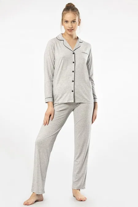 Gri Uzun Kollu Kadın Pijama Takımı Viskon Polyester Türen 3365 - Gri
