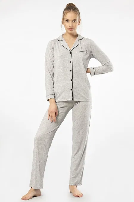 Gri Uzun Kollu Kadın Pijama Takımı Viskon Polyester Türen 3365 - Gri