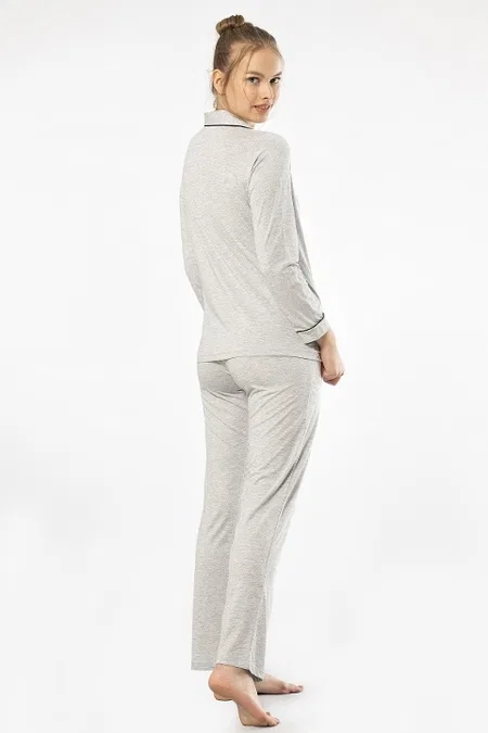 Gri Uzun Kollu Kadın Pijama Takımı Viskon Polyester Türen 3365 - Gri