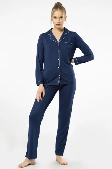 Lacivert Düğmeli Uzun Kollu Kadın Pijama Takımı Türen 3365 - Lacivert