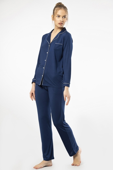 Lacivert Düğmeli Uzun Kollu Kadın Pijama Takımı Türen 3365 - Lacivert