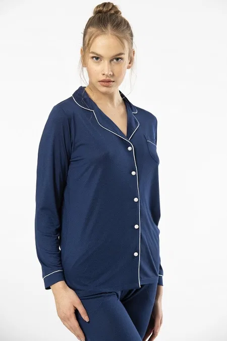 Lacivert Düğmeli Uzun Kollu Kadın Pijama Takımı Türen 3365 - Lacivert