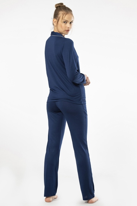 Lacivert Düğmeli Uzun Kollu Kadın Pijama Takımı Türen 3365 - Lacivert
