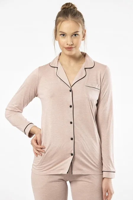 Düğmeli Uzun Kollu Kadın Pijama Takımı Viskon Polyester Türen 3365 - Pudra