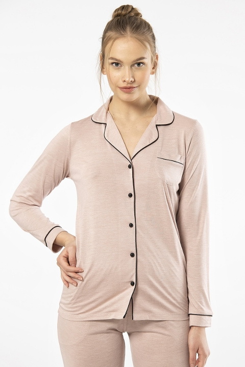 Düğmeli Uzun Kollu Kadın Pijama Takımı Viskon Polyester Türen 3365 - Pudra