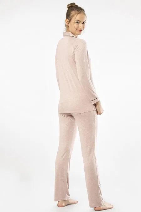 Düğmeli Uzun Kollu Kadın Pijama Takımı Viskon Polyester Türen 3365 - Pudra