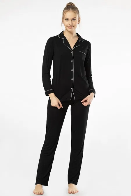 Önden Düğmeli Uzun Kollu Pijama Takımı Viskon Polyester Türen 3365 - Siyah