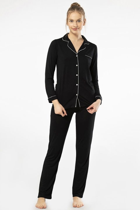 Önden Düğmeli Uzun Kollu Pijama Takımı Viskon Polyester Türen 3365