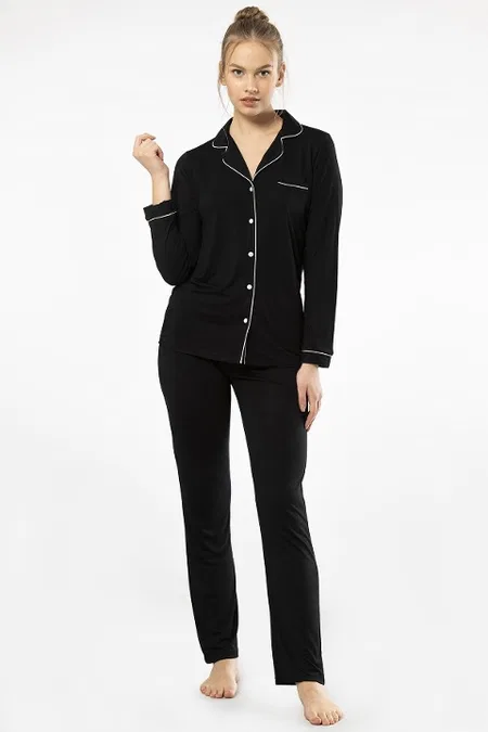Önden Düğmeli Uzun Kollu Pijama Takımı Viskon Polyester Türen 3365 - Siyah