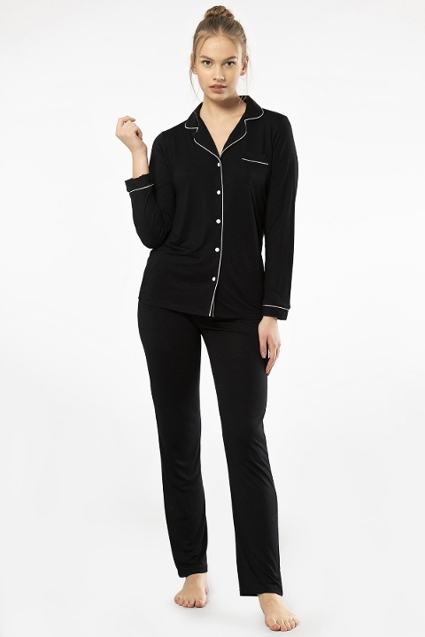 Türen Önden Düğmeli Uzun Kollu Pijama Takımı Viskon Polyester Türen 3365 - Görsel 2