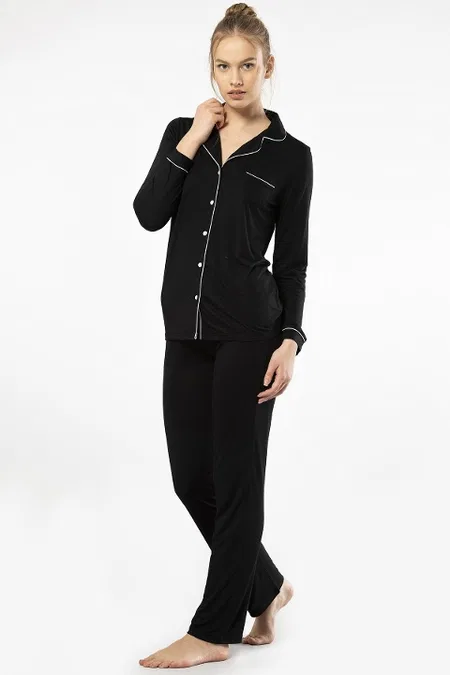 Önden Düğmeli Uzun Kollu Pijama Takımı Viskon Polyester Türen 3365 - Siyah