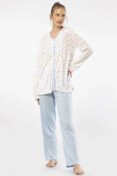 Empirme Düğmeli Battal Uzun Kollu Kadın Pijama Takımı Türen 3367 - Mavi