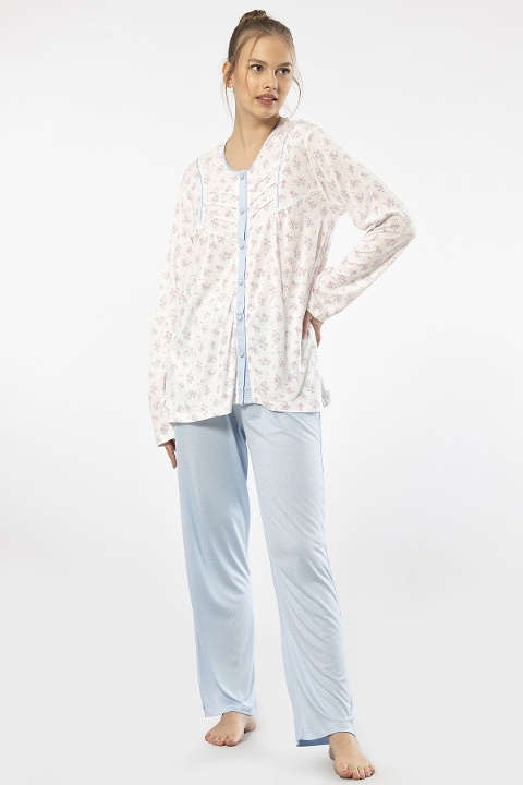 Empirme Düğmeli Battal Uzun Kollu Kadın Pijama Takımı Türen 3367 - Mavi