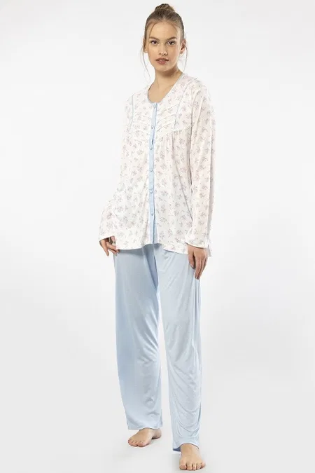 Empirme Düğmeli Battal Uzun Kollu Kadın Pijama Takımı Türen 3367 - Mavi