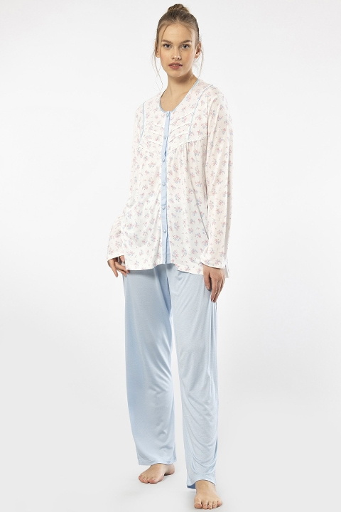 Empirme Düğmeli Battal Uzun Kollu Kadın Pijama Takımı Türen 3367 - Mavi