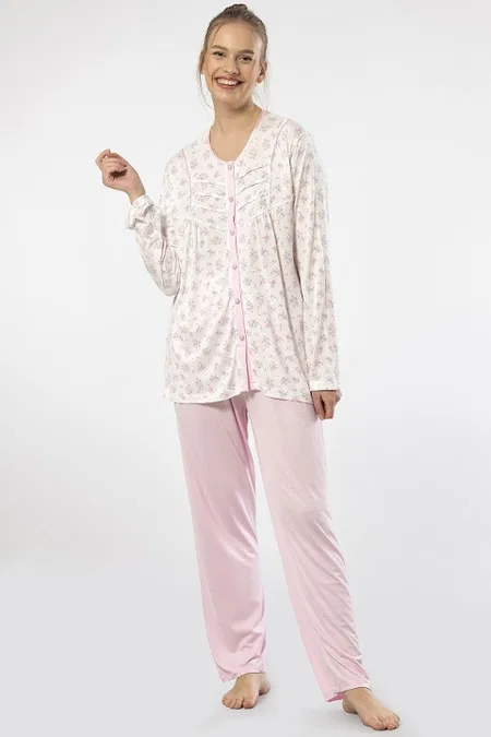 Düğmeli Pembe Uzun Kollu Kadın Pijama Takımı Türen 3367 - Pembe
