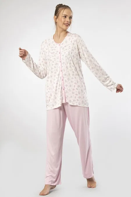 Düğmeli Pembe Uzun Kollu Kadın Pijama Takımı Türen 3367 - Pembe