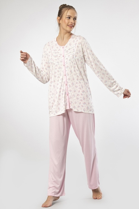 Düğmeli Pembe Uzun Kollu Kadın Pijama Takımı Türen 3367 - Pembe