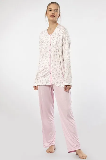 Düğmeli Pembe Uzun Kollu Kadın Pijama Takımı Türen 3367 - Pembe