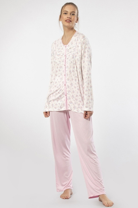 Düğmeli Pembe Uzun Kollu Kadın Pijama Takımı Türen 3367 - Pembe