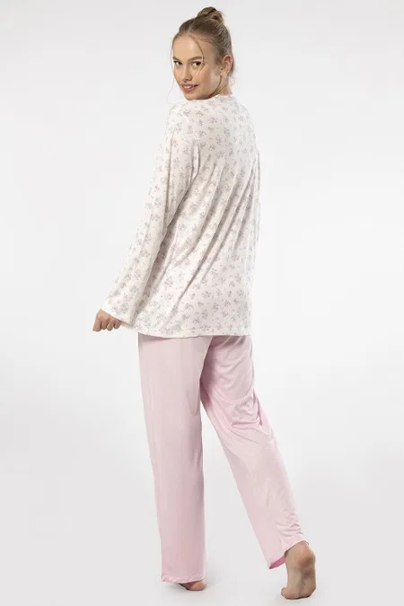 Düğmeli Pembe Uzun Kollu Kadın Pijama Takımı Türen 3367 - Pembe