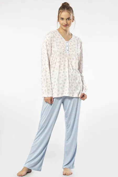 Patlı Empirme Uzun Kollu Pijama Takımı Mavi Türen 3366 - Mavi