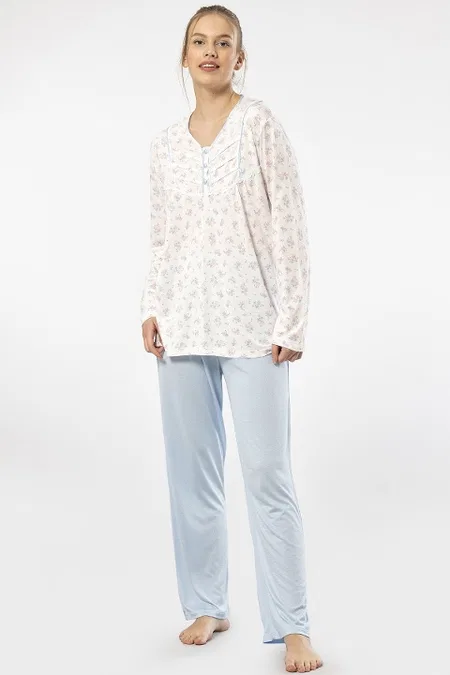 Patlı Empirme Uzun Kollu Pijama Takımı Mavi Türen 3366 - Mavi