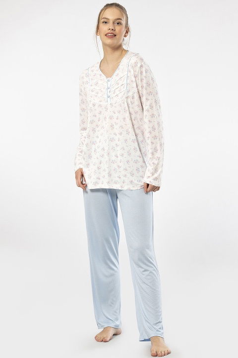 Patlı Empirme Uzun Kollu Pijama Takımı Mavi Türen 3366 - 2