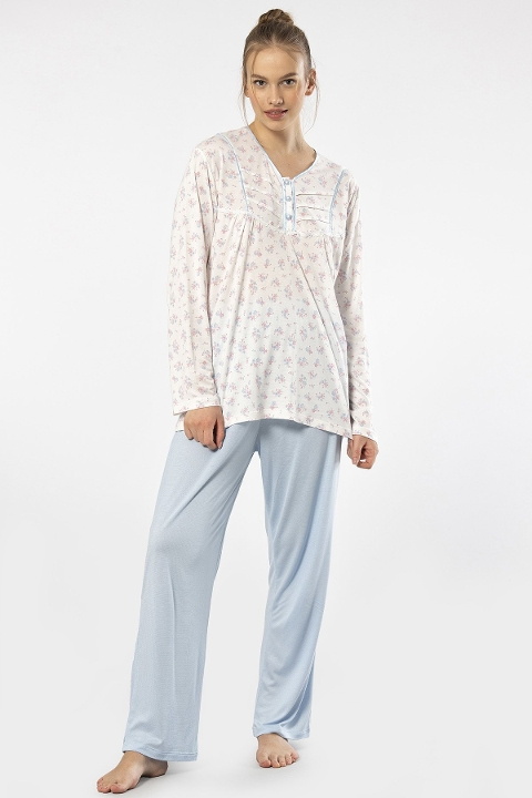 Patlı Empirme Uzun Kollu Pijama Takımı Mavi Türen 3366 - Mavi