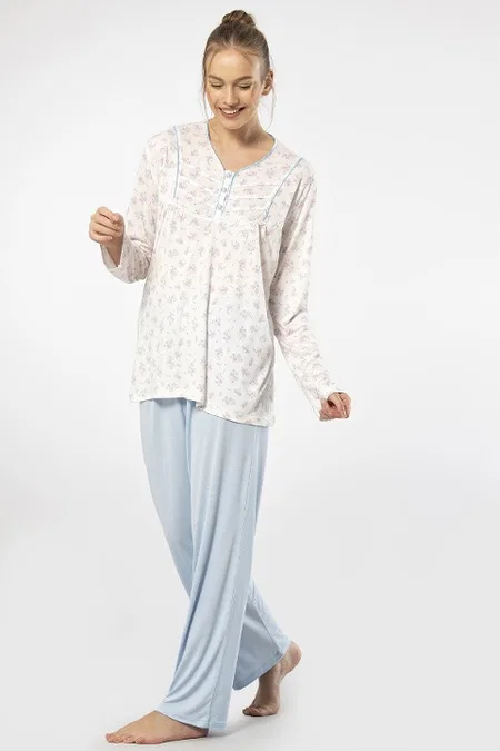 Patlı Empirme Uzun Kollu Pijama Takımı Mavi Türen 3366 - Mavi