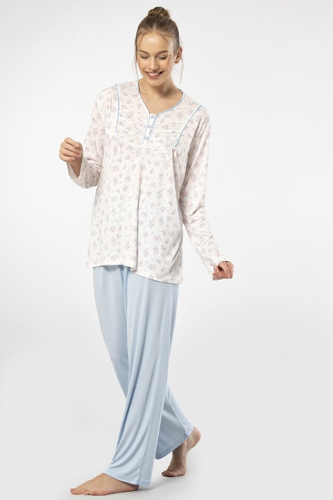 Patlı Empirme Uzun Kollu Pijama Takımı Mavi Türen 3366 - Mavi