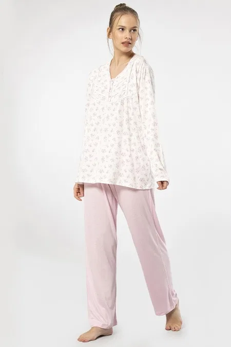 Viskon ve Polyester Uzun Kollu Kadın Pijama Takımı Türen 3366 - Pembe
