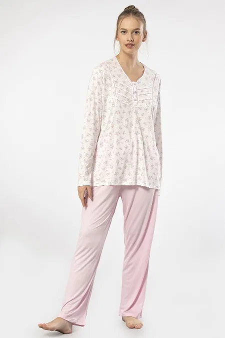 Viskon ve Polyester Uzun Kollu Kadın Pijama Takımı Türen 3366 - Pembe