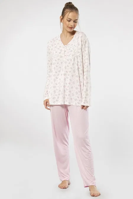Viskon ve Polyester Uzun Kollu Kadın Pijama Takımı Türen 3366 - Pembe
