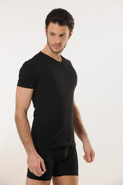Pamuk Elastan V Yaka Erkek Atlet HMD 703 - Siyah