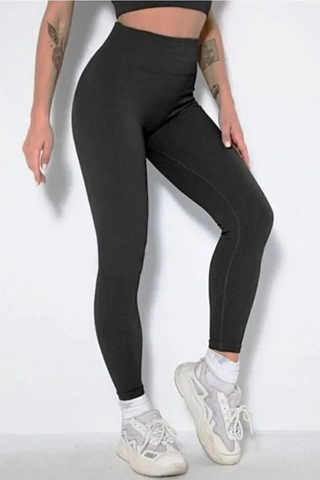 Yüksek Bel Esnek Fitilli Spor Tayt Elite Life 444 - Siyah