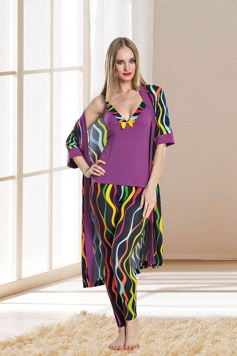 Mor Uzun Kuşaklı Sabahlık Pijama Takımı Lady 13857 - Mor