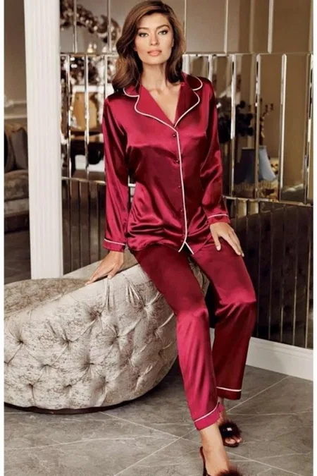 Perin Saten Düğmeli Gömlek Yaka Kadın Pijama Takımı Perin 1030