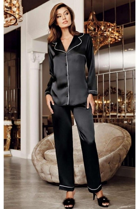 Perin Saten Düğmeli Gömlek Yaka Kadın Pijama Takımı Perin 1030 - Görsel 2