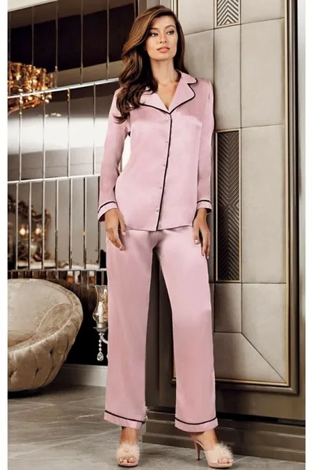 Perin Saten Düğmeli Gömlek Yaka Kadın Pijama Takımı Perin 1030 - Görsel 4