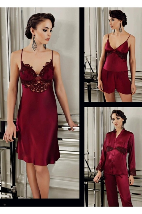 Güpürlü Poliamid Saten Gelin Çeyiz Seti Perin 9400 - Bordo