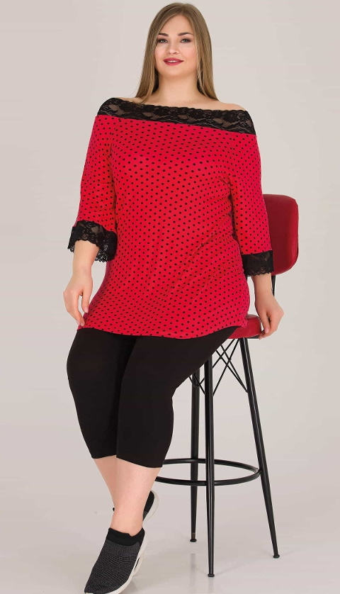 Kırmızı Puantiyeli Kapri Büyük Beden Pijama Takımı Lady 10572 - Kırmızı