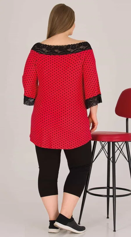 Kırmızı Puantiyeli Kapri Büyük Beden Pijama Takımı Lady 10572 - Kırmızı