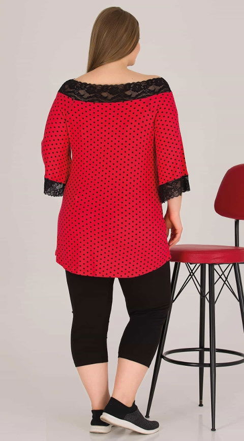 Kırmızı Puantiyeli Kapri Büyük Beden Pijama Takımı Lady 10572 - 2