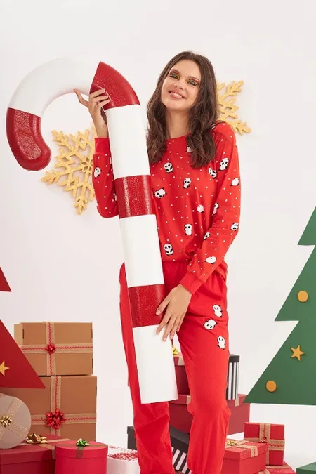 NBB Pamuklu Kırmızı Puantiyeli Pandalı Kadın Pijama Takımı NBB 67656
