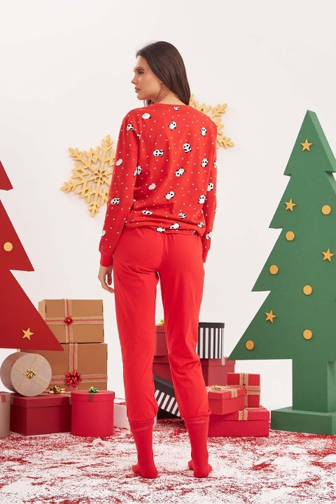 NBB Pamuklu Kırmızı Puantiyeli Pandalı Kadın Pijama Takımı NBB 67656 - Görsel 3